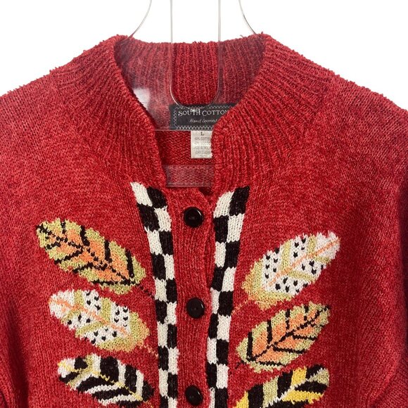 Vintage South Cotton Orange Cardigan Sweater Large Leaf Pattern Cottagecore - Picture 3 of 8